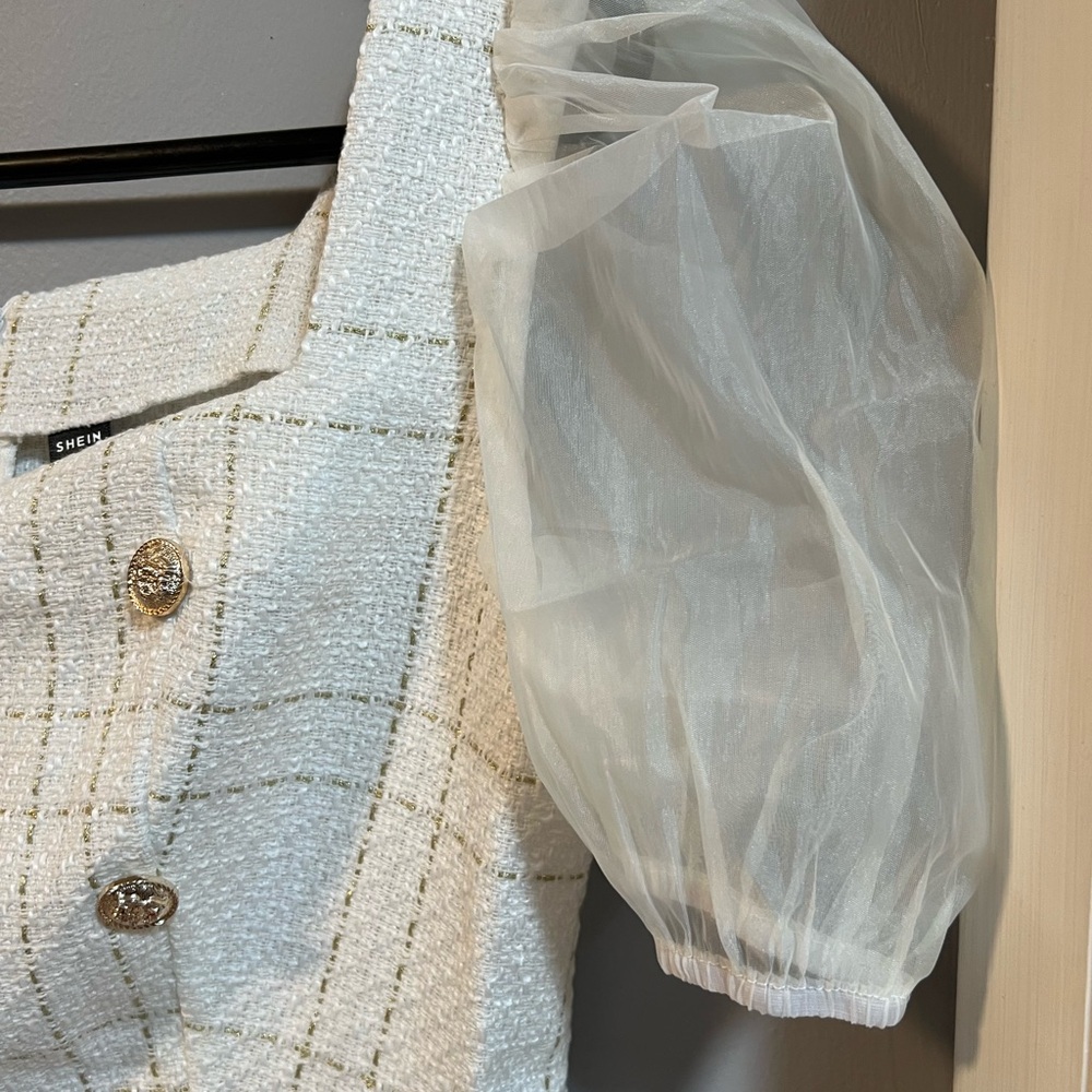 SHEIN White Plaid Mini Dress with Sheer Puff Sleeves - Picture 5 of 5